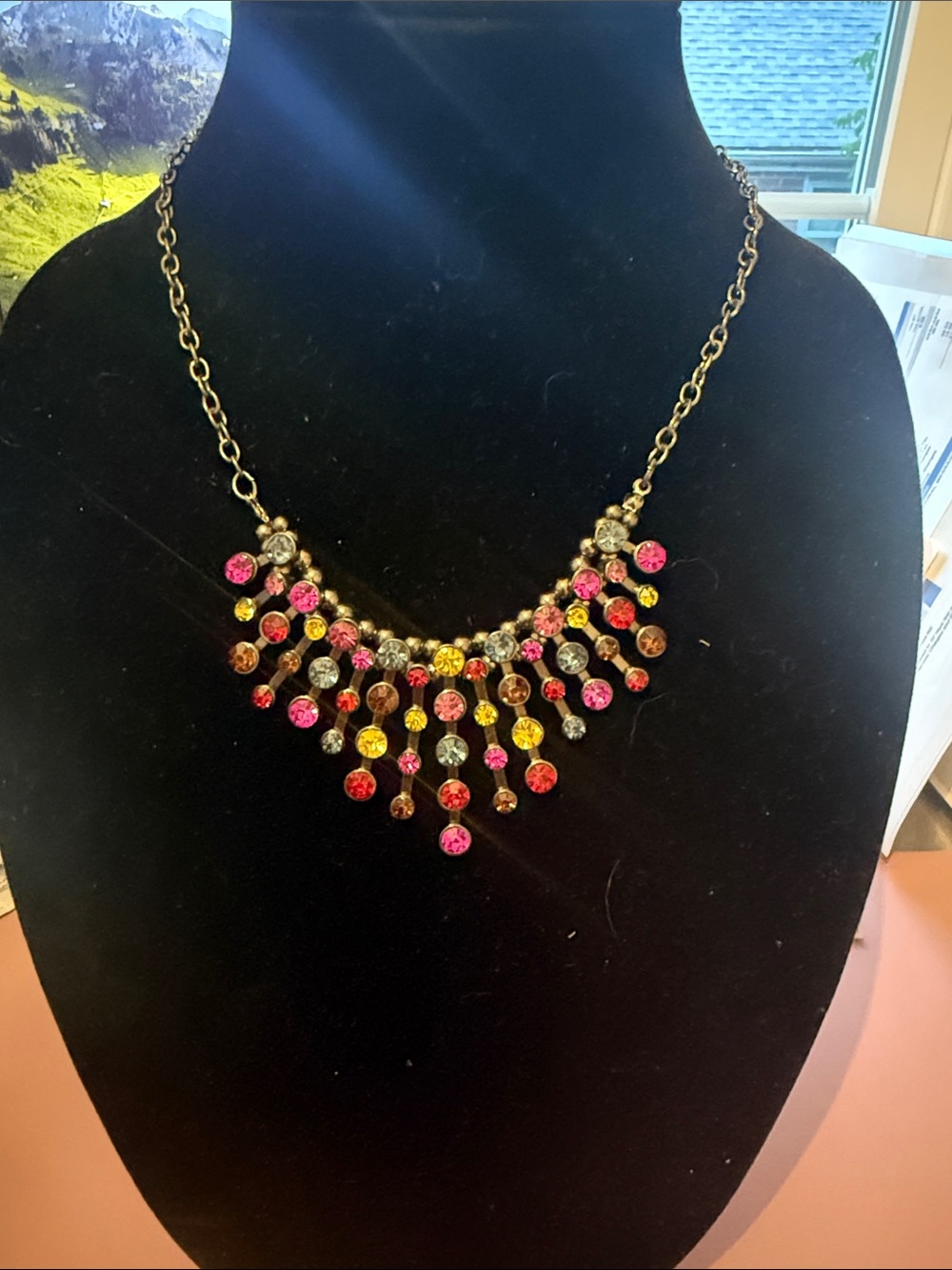 Multi-Color Crystal Fringe Necklace -dark toned